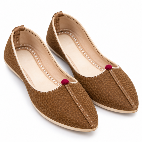 MyMarwar Rajasthani leather mojadi in Chocolate Brown with contrast stitching and maroon pom-pom detail